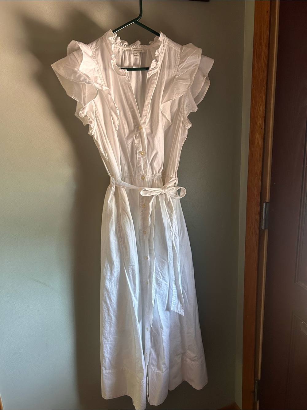 Lightweight White Ruffle-Trim Midi Dress with Tie Waist